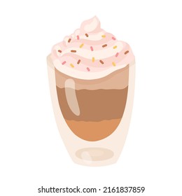 Cappuccino with cream. Hot drink with whipped cream in mug cartoon illustration. Colorful winter drinks, coffee with cinnamon, tea