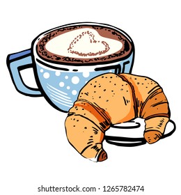 Cappuccino and croissant. Hand drawn outline sketch vector illustration with color fills isolated on white background