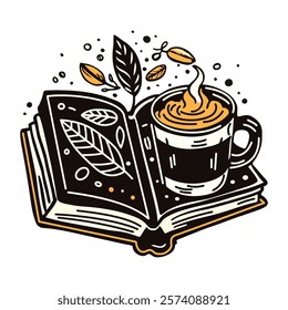 Cappuccino cup with a book icon in vintage style