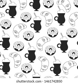 Cappuccino cup with donuts, croissant seamless pattern. Background for coffee cafe menu, shop or house. Vector isolated illustration.