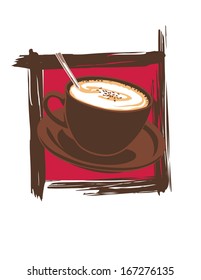 Cappuccino cup with foam in a frame on a colorful background