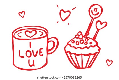 Cappuccino cup with a heart on the cream and a cupcake. Hand-drawn red contour illustration isolated on a white background. Romantic love themed design, Valentines Day, greeting cards, digital, print