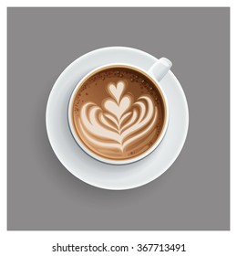 Cappuccino cup with hearts design on top. Coffee cup, vector illustration.