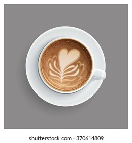 Cappuccino cup with hearts design on top. Coffee cup, vector illustration.
