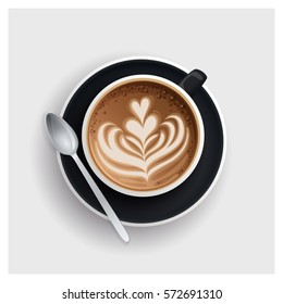 Cappuccino cup with hearts design on top. Coffee cup, vector illustration.