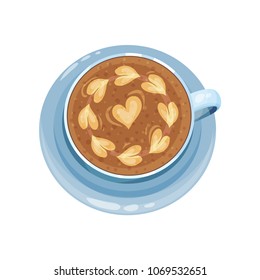Cappuccino cup with hearts on top, drawings on coffee crema vector Illustration on a white background