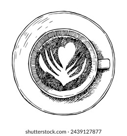 Cappuccino cup with painting and plate, hand drawn sketch, vector illustration 