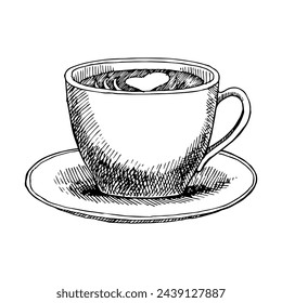 Cappuccino cup with plate, hand drawn sketch, vector illustration 