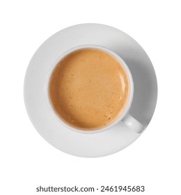 Cappuccino cup with saucer on white background top view