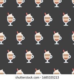 Cappuccino-Tasse mit Strohhalm. Konzept zum Thema Kaffee. Minimalistische Symbole. Farbige Vektorillustration-Illustration. Cartoon-Stil, einfaches Flachdesign.Nahtloses Muster. schwarzer Hintergrund, Bildschirmhintergrund