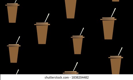 Cappuccino cup with a straw. Coffee theme concept. Minimalistic Icons. Colored Vector Illustration. Cartoon style, simple flat design. Seamless pattern. Black Background, Wallpaper.