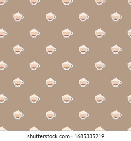 Copas De Cappuccino. Concepto de temática del café. Íconos minimalistas. Ilustración vectorial coloreada. Estilo de caricatura, diseño plano sencillo. Patrón sin problemas. Fondo beige. Papel tapiz
