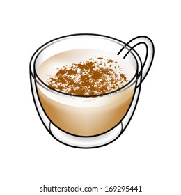 Cappuccino in a delicate double-walled glass cup with milk foam on top dusted with chocolate. 