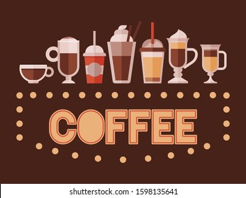 Cappuccino, espresso and mocha takeaway drinks retro banner. Hot beverages with caffeine vector illustration.