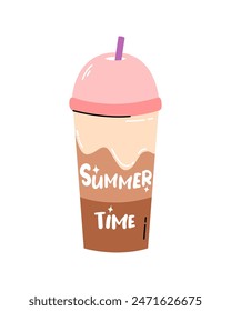Cappuccino freddo. Ice coffee, milkshake. Summer time. Poster, card for print. Cartoon flat vector illustration.