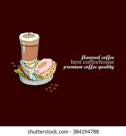  cappuccino in a glass standing on a tray beside cinnamon stick and spoon and donut. Premium quality coffee retro emblem with cup of coffee and steam, for cafe house and restaurant menu design