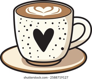 Cappuccino with Heart Shape Vector Icon. Coffee Love Outline Illustration