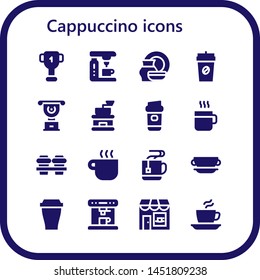 cappuccino icon set. 16 filled cappuccino icons.  Collection Of - Cup, Coffee machine, Porcelain, Coffee, Coffee grinder, cup, Mug, shop