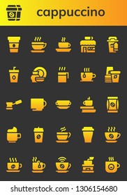 cappuccino icon set. 26 filled cappuccino icons.  Simple modern icons about  - Coffee, Coffee shop, Coffee cup, Porcelain, Cup, Paper cup, bag, Tea, grinder