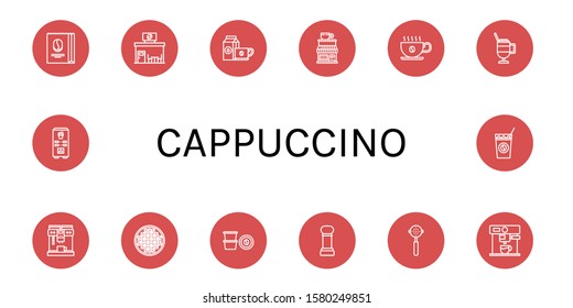 cappuccino icon set. Collection of Coffee beans, Coffee shop, Coffee cup, Latte, maker, capsule, Grinder, Portafilter, machine, Cold icons