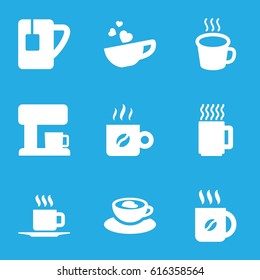 Cappuccino icons set. set of 9 cappuccino filled icons such as coffee, cup with heart, tea cup, cup, coffee machine