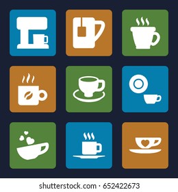 Cappuccino icons set. set of 9 cappuccino filled icons such as coffee, dish, coffee cup, cup with heart