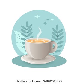 Cappuccino illustration. Cup, saucer, coffee, steam. Editable vector graphic design.