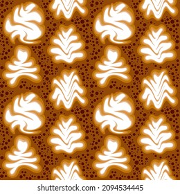 Cappuccino, latte coffee vector seamless pattern, top view, foam texture, latte art shapes
