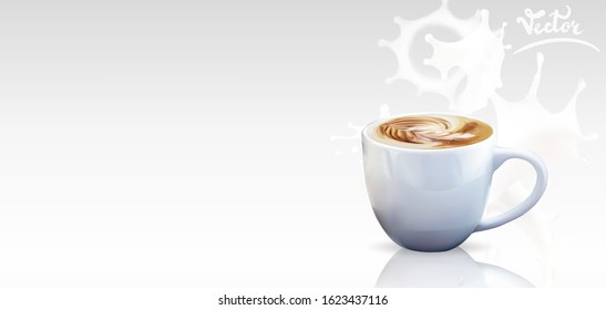 cappuccino latte in a large cup with splashes of milk vector illustration