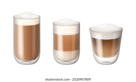 Cappuccino oder Latte Macchiato Kaffeetrinkglas realistische einzelne Glasbecher auf weiß. Kaltgefrorener oder heißer Kaffee, erfrischendes aromatisches Energiegetränk. Leckeres Eisgetränk mit Schaum und Sahne