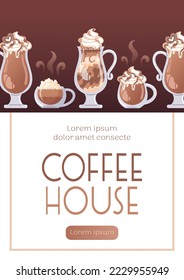 Cappuccino, latte and mocha. Hot chocolate in a glass, whipped cream. Banner for coffee shop, cafe bar, barista. Vector food illustration for poster, banner, flyer, advertising, publicity, promo, menu