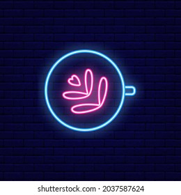 Cappuccino or latte with pattern light neon icon. Coffee mug. Night bright signboard. Outer glowing effect banner. Club or bar on brick wall background. Editable stroke. Isolated vector illustration