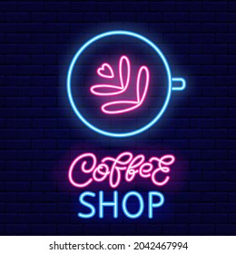 Cappuccino oder Latte mit Muster-Licht Neon-Symbol. Kaffeehäuser-Briefing. Kaffeekrug. Äußerer Leuchteffekt-Banner. Club oder Bar auf Backsteinmauern. Bearbeitbarer Strich. Vektorgrafik
