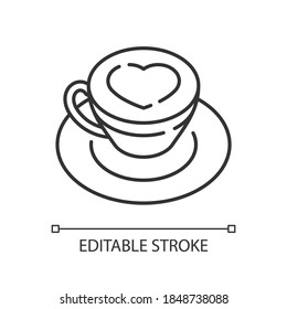 Cappuccino linear icon. Coffee with heart on foam. Hot drink in mug. Beverage in cup. Thin line customizable illustration. Contour symbol. Vector isolated outline drawing. Editable stroke