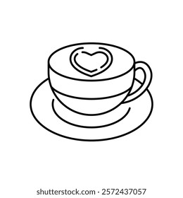 Cappuccino linear icon. Coffee with heart on foam. Hot drink in mug. Beverage in cup. Thin line customizable illustration. Contour symbol. Vector isolated outline drawing. Editable stroke