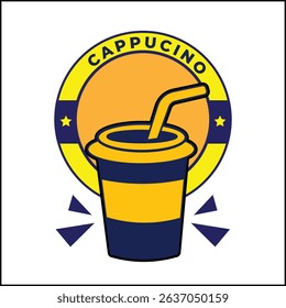 cappuccino logo vector design with drink cup in yellow and blue color. suitable for logo, icon, poster, advertisement, banner, company, t-shirt design, sticker, website.