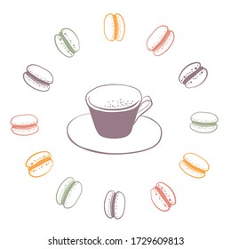 Cappuccino and macaroons. Colorful set of desserts in sketchy style isolated on white background. Doodle hand drawn vector illustration