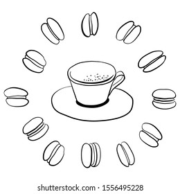 Cappuccino and macaroons in sketchy style isolated on white background. Hand drawn vector illustration