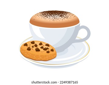 Cappuccino con espuma de leche y vectores de icono de galletas de chocolate. Vector de icono de la cookie y la taza de café aislado en un fondo blanco