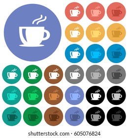 Cappuccino multi colored flat icons on round backgrounds. Included white, light and dark icon variations for hover and active status effects, and bonus shades on black backgounds.