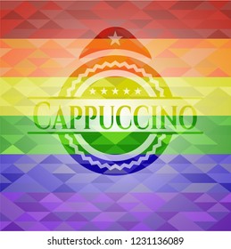 Cappuccino on mosaic background with the colors of the LGBT flag