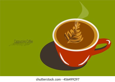 Cappuccino in red cup on green vintage background