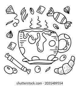 Cappuccino en estilo dibujado a mano, té, café, macchiato en diferentes formas y formas de color negro y blanco aislado en fondo blanco. Ilustración vectorial.
