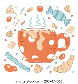Cappuccino set in hand drawn style, tea, coffee, macchiato in different shapes and forms in autumn colors isolated on white background. Vector illustration.