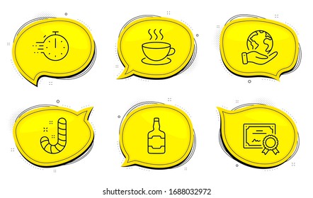 Cappuccino sign. Diploma certificate, save planet chat bubbles. Cooking timer, Candy and Whiskey bottle line icons set. Stopwatch, Lollypop, Scotch alcohol. Espresso cup. Food and drink set. Vector