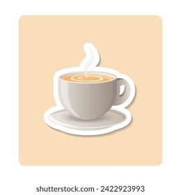 Cappuccino sticker illustration. Cup, saucer, coffee, steam. Editable vector graphic design.