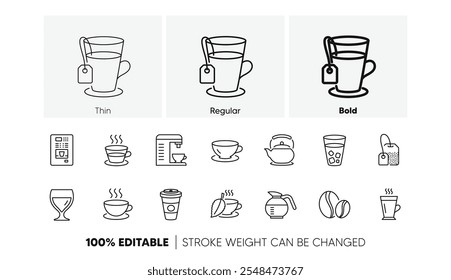 Cappuccino, Tetera y Coffeepot. Iconos de la línea de café y té. Conjunto de iconos lineales de granos de café. Conjunto de iconos de línea. Vector