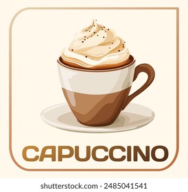 Cappuccino Vector Illustration. A cup of cappuccino topped with whipped cream cartoon icon. A dollop of whipped cream rests on top, adding a touch of sweetness to the image
