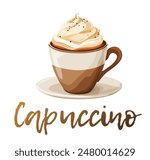 Cappuccino Vector Illustration Isolated on White Background. A cup of cappuccino topped with whipped cream. A dollop of whipped cream rests on top, adding a touch of sweetness to the image