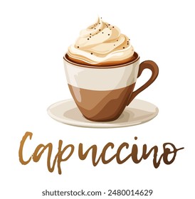 Cappuccino Vector Illustration Isolated on White Background. A cup of cappuccino topped with whipped cream. A dollop of whipped cream rests on top, adding a touch of sweetness to the image